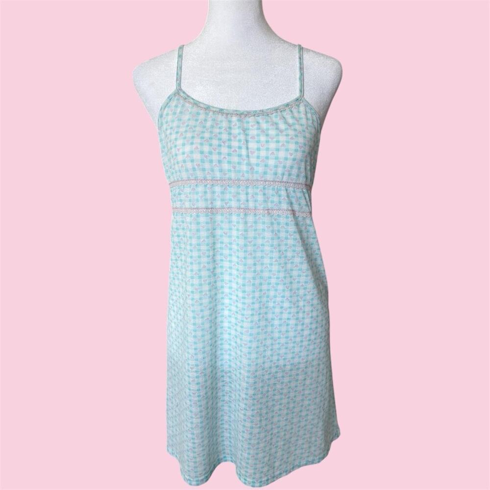 Pepita blue and pink coquette babydoll mini dress with pink lace